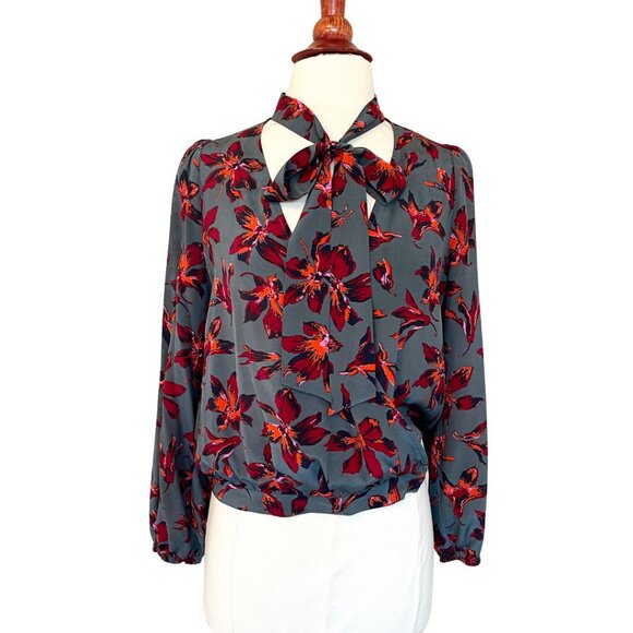 Madewell Silk Floral Tie Neck Faux Wrap Top in Bridgette Architect Green Small - Picture 3 of 10